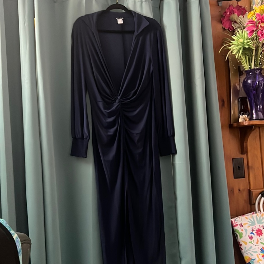 Navy Maxi Dress with plunging neck and gathered waist. Sz L
